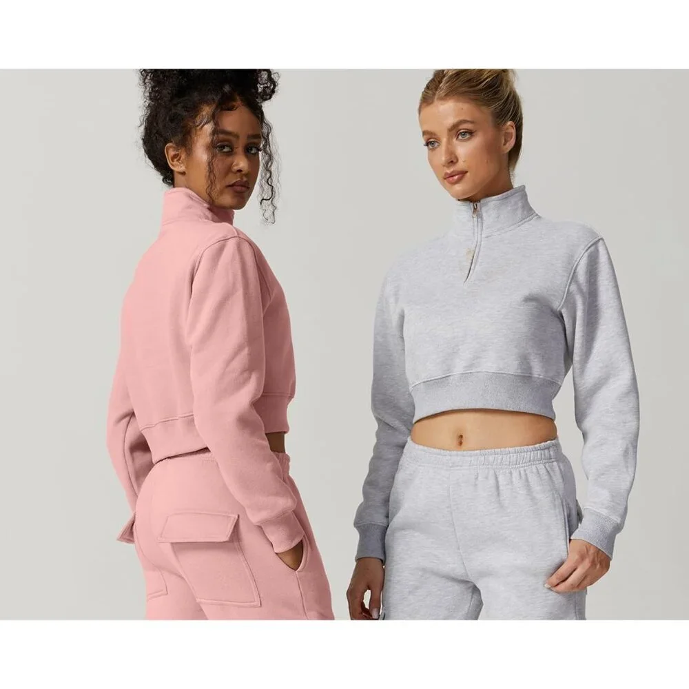 Womens Crop Sweatshirt Half Zip High Neck Long Sleeve Fleece Top